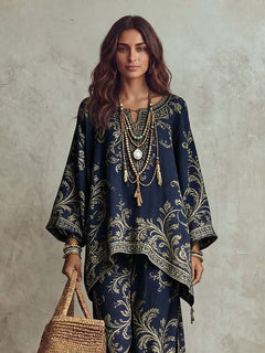 Casual Bohemian Leaf Print Batwing Sleeve Shirt Two-Piece Set