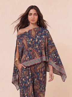 Bohemian Paisley Off-Shoulder Top & Wide-Leg Pants Two-Piece Set