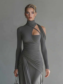 Casual Silky Stretch Pleated Cutout Maxi Dress