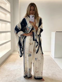Exquisite Satin Print High-Waist Wide-Leg Pants