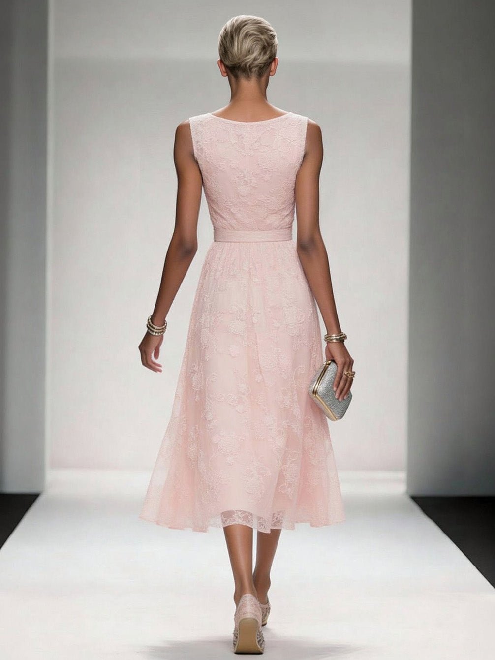 Elegant V-Neck Lace Embroidered Tie-Front Midi Dress