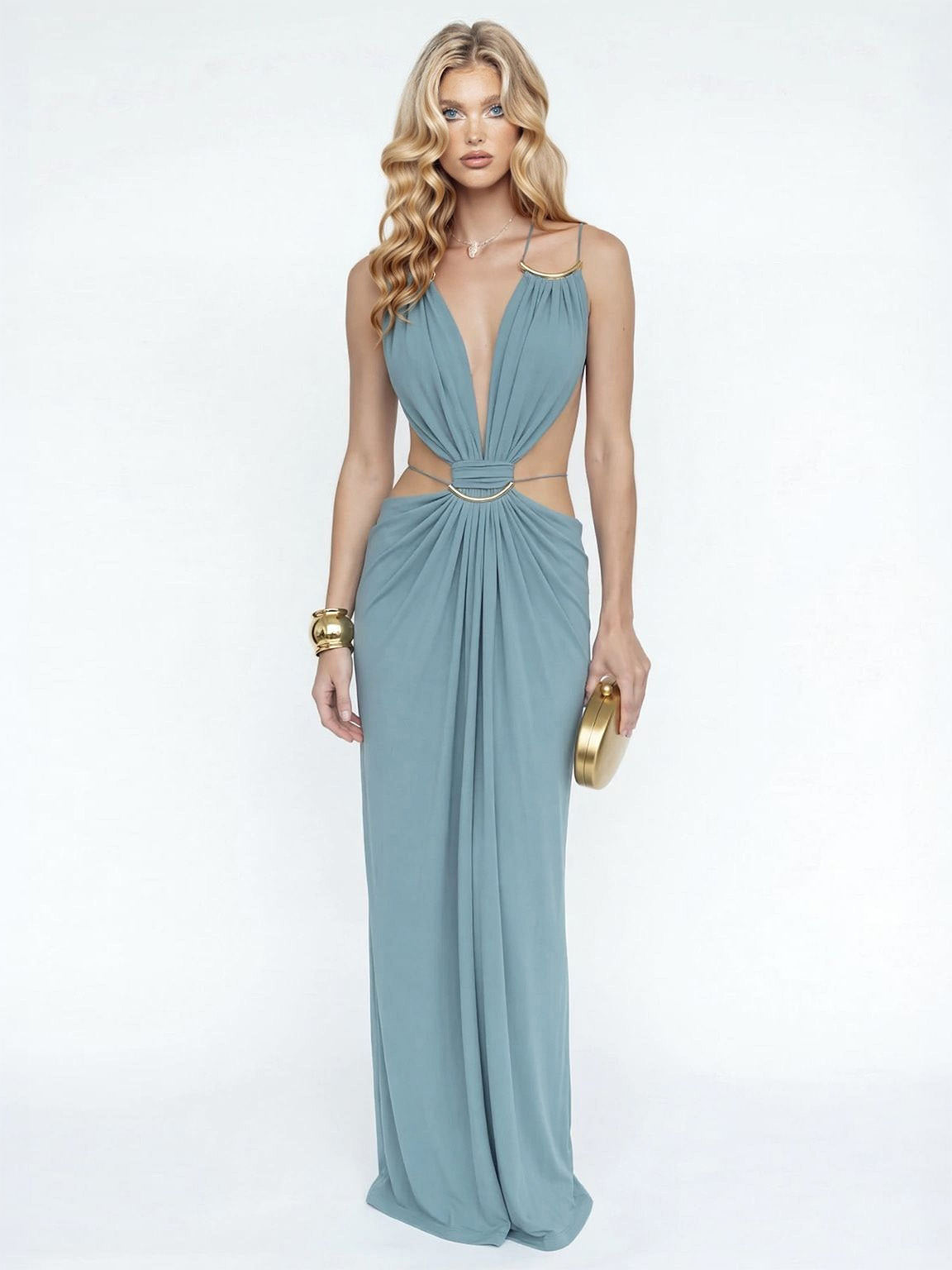 Sexy Metal Chain Cut-Out Backless Lace-Up Draped Maxi Dress
