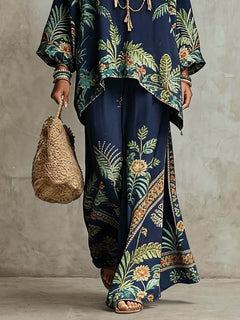 Casual Tropical Plant Print Batwing Sleeve Shirt & Pants Two-Piece Set