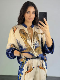 Exotic Jungle Print Zip-Up Long Sleeve Shirt