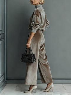 Elegant High-neck Velvet Pleated Wide-leg Pants Two-piece Set