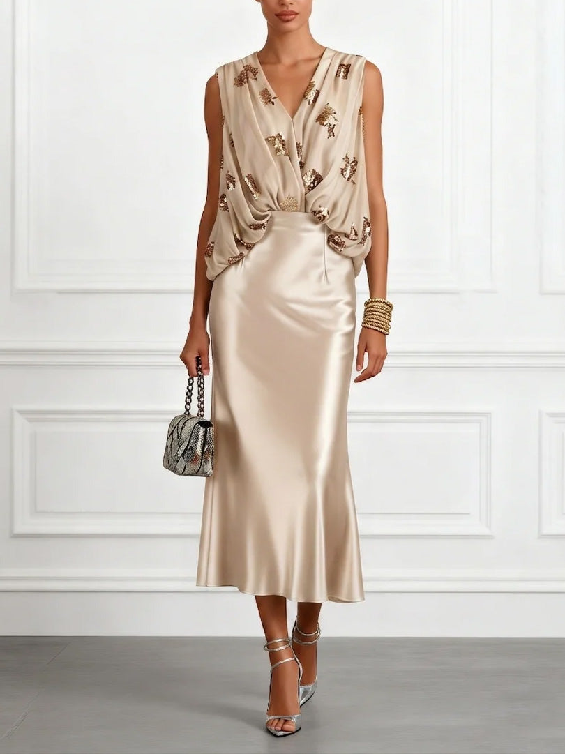 Elegant Champagne Sequin & Satin Two-Piece Set
