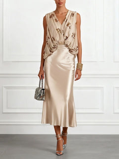 Elegant Champagne Sequin & Satin Two-Piece Set