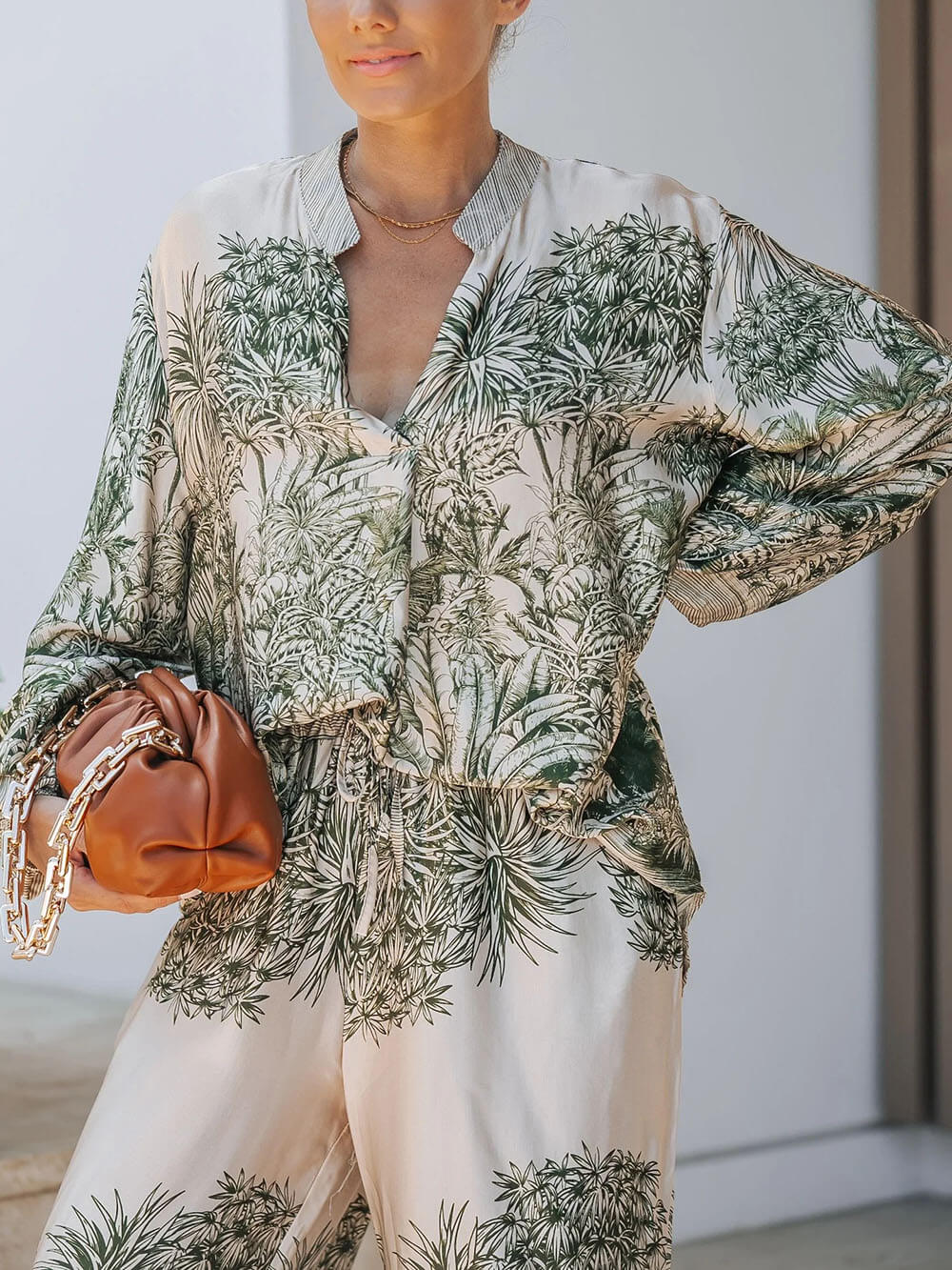 Casual Palm Leaf Print Loose Shirt And Wide-Leg Pants Set