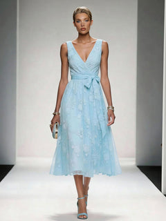 Elegant V-Neck Lace Embroidered Tie-Front Midi Dress