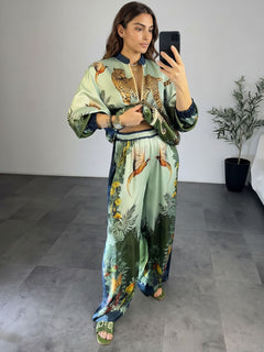 Exotic Jungle Print Zip-Up Shirt & Wide Leg Pants Set