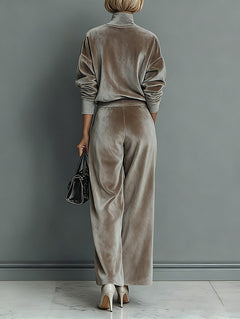 Elegant High-neck Velvet Pleated Wide-leg Pants Two-piece Set