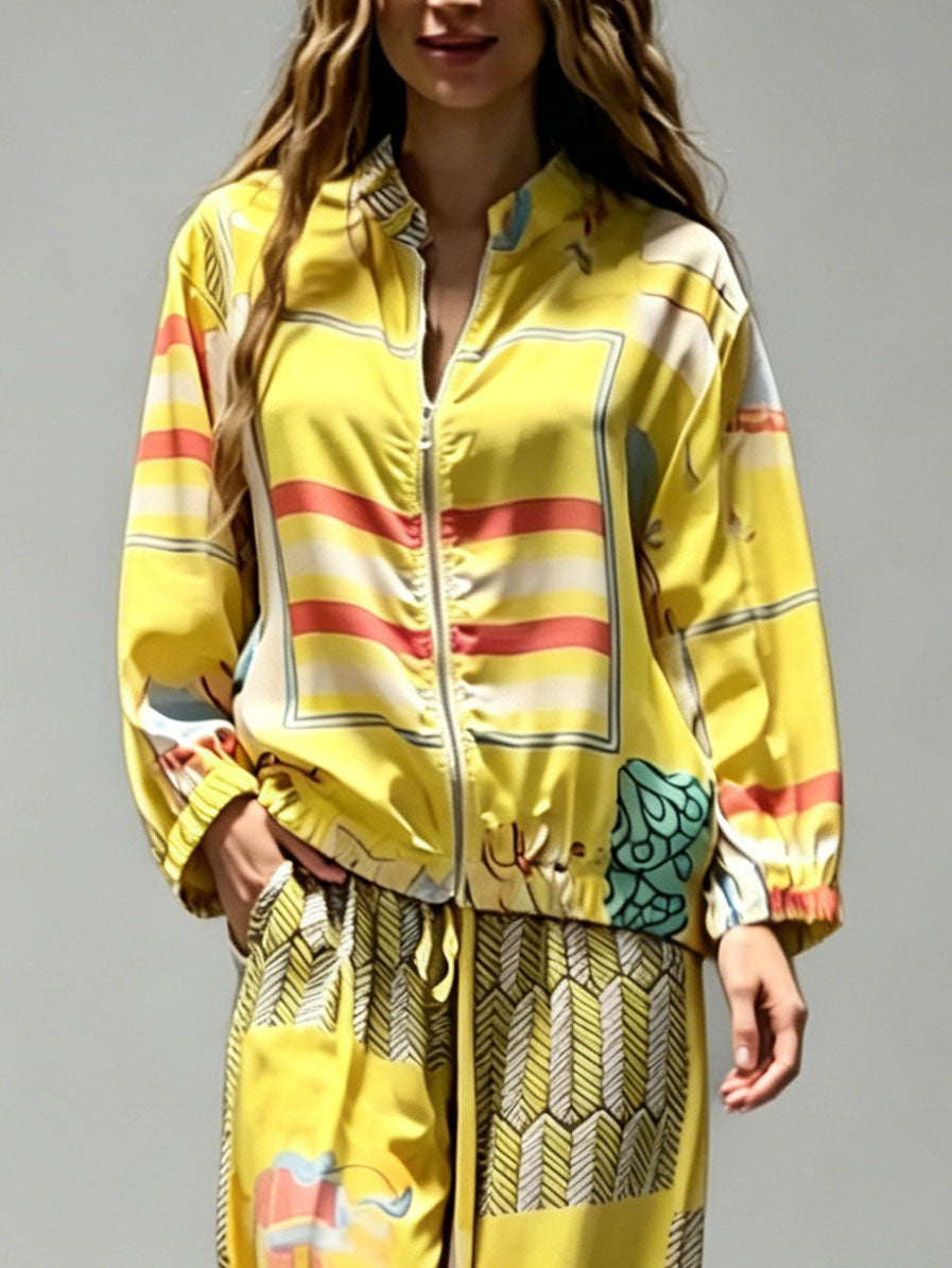 Casual Artistic Print Zip-Up Shirt
