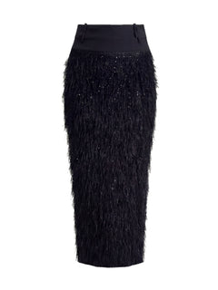 Elegant Satin Top & Sequin Feather Midi Skirt Two-Piece Set