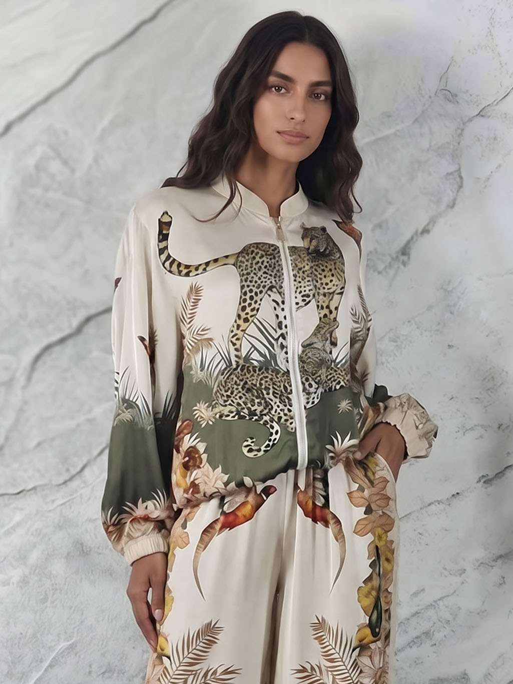 Exotic Jungle Print Zip-Up Long Sleeve Shirt