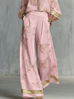 Elegant Butterfly Print Zip Shirt