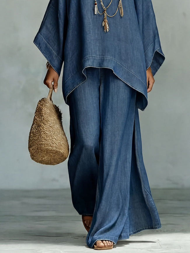 Casual Denim Batwing Asymmetrical Top & Wide Leg Pants Set