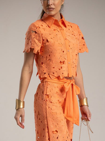 Casual Cutout Lace Shirt & Wide-Leg Pants Two-Piece Set
