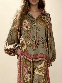 Retro Floral Baroque Print Satin Button-Up Shirt