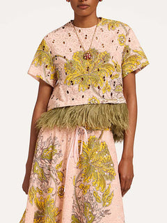 Elegant Two-piece Paisley Print Feather Trim