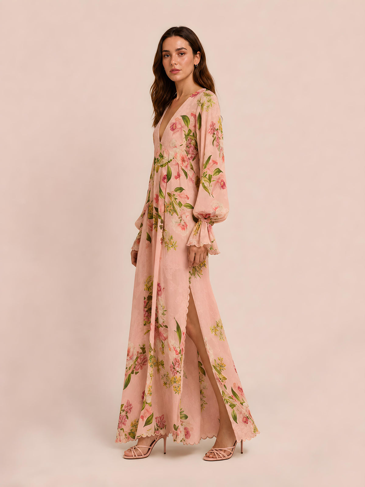Floral Print Deep V Long Dress