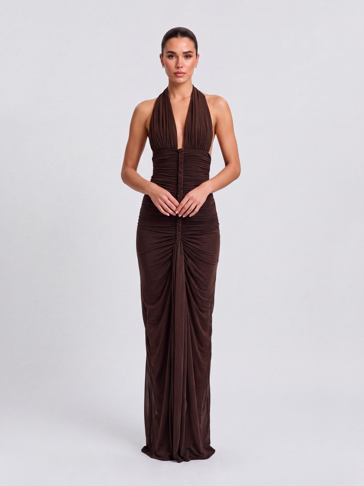 Woven Pleated Front Neck Deep V-Drop Slim Dress