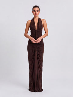 Woven Pleated Front Neck Deep V-Drop Slim Dress