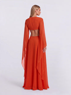 Vacation-style Deep V Cutout Bell Sleeve Chiffon Dress