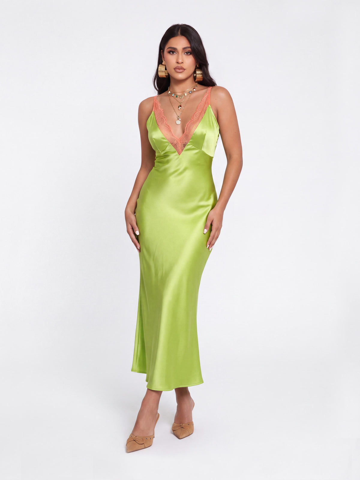 Bright Green Lace V-Neck Satin Sling Fishtail Midi Dress