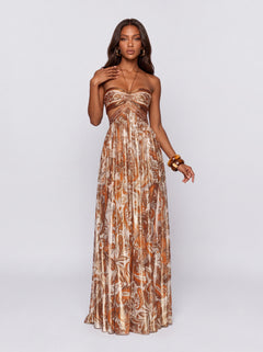 Vintage Cashew Flower Strapless Hollow Neck Stamping Dipping Long Dress