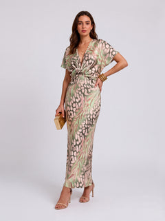 Vintage Simi-Dye Printed Satin Kink Deep V Short-Sleeved Hip Midi Dress