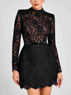 Elegant Floral Lace Long Sleeve Cutout Mini Dress