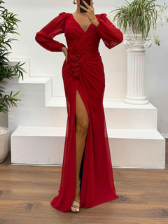 Elegant V-Neck Ruched Floral Slit Maxi Dress