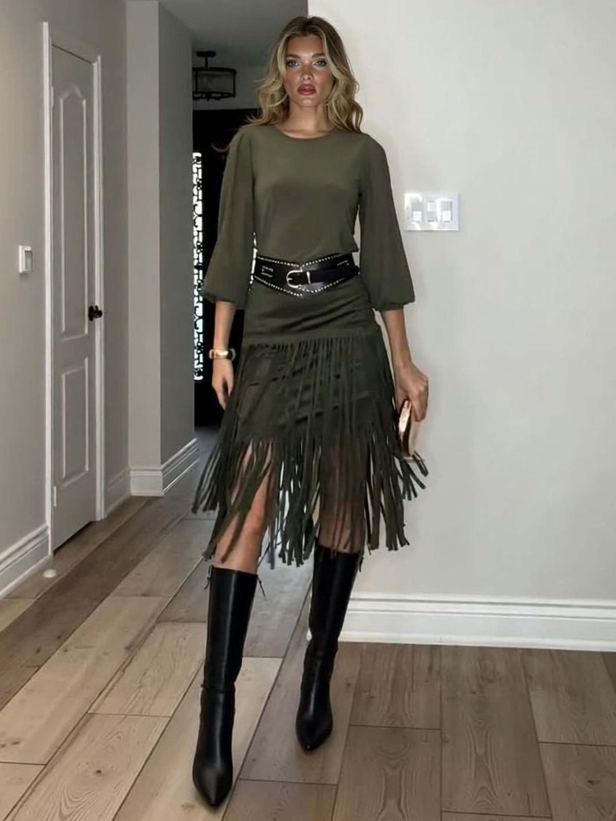 Elegant High-waisted Tassel Skirt Two-piece Set