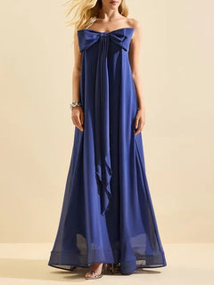 Elegant Strapless Bow Detail Flowy Maxi Dress