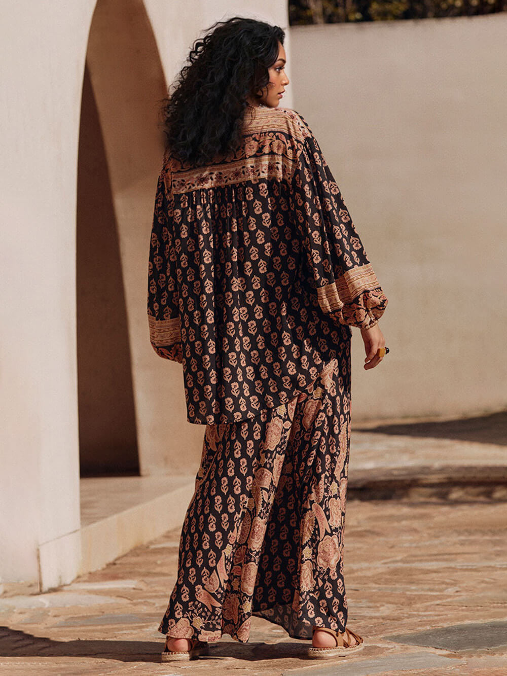 Boho Printed Draped Loose Shirt And High-Waist Maxi Skirt Set