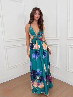 Bohemian Green Backless Printed Slit Party Maxi Dress