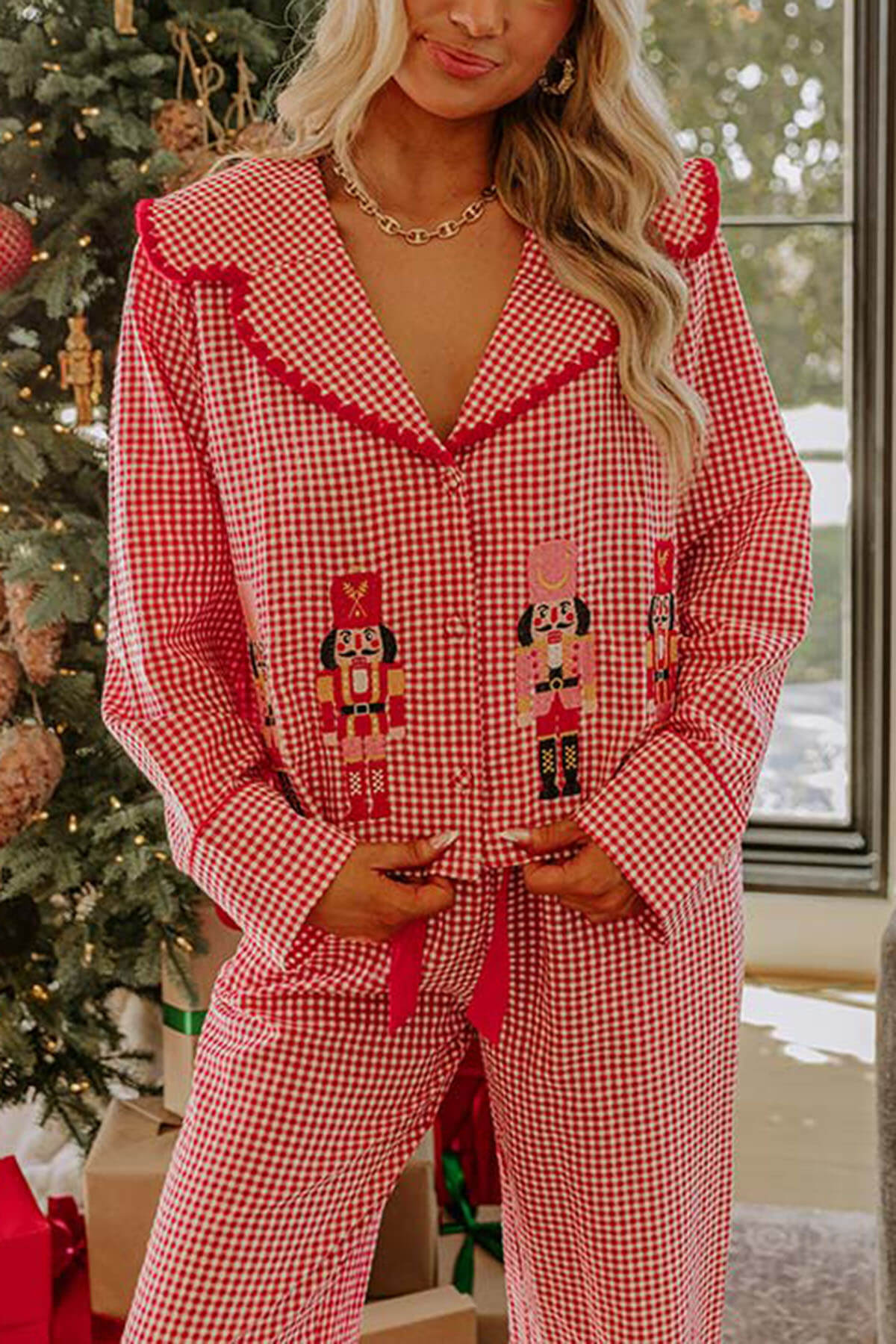 Christmas Nutcracker Charm Embroidered Gingham Loose Shirt and Elastic Waist Pajama Set-Likemychoice