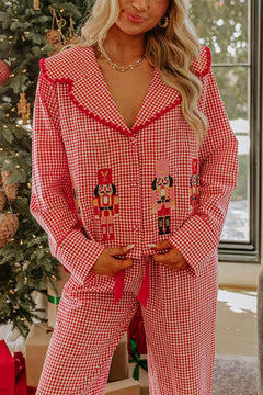 Christmas Nutcracker Charm Embroidered Gingham Loose Shirt and Elastic Waist Pajama Set-Likemychoice
