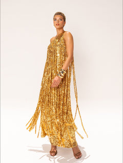 Elegant One-shoulder Neckline Tassel Sequin Maxi Dress