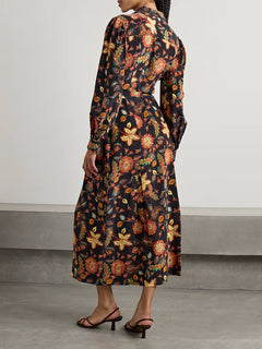 Unique Tie-Front Printed Satin Midi Dress