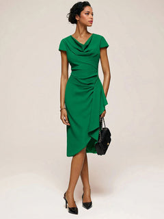 Elegant Draped Neckline Fitted Midi Dress
