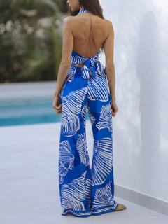 Unique Palm Leaf Print Open Back Tie Top And Elastic Waist Wide Leg Pants Set