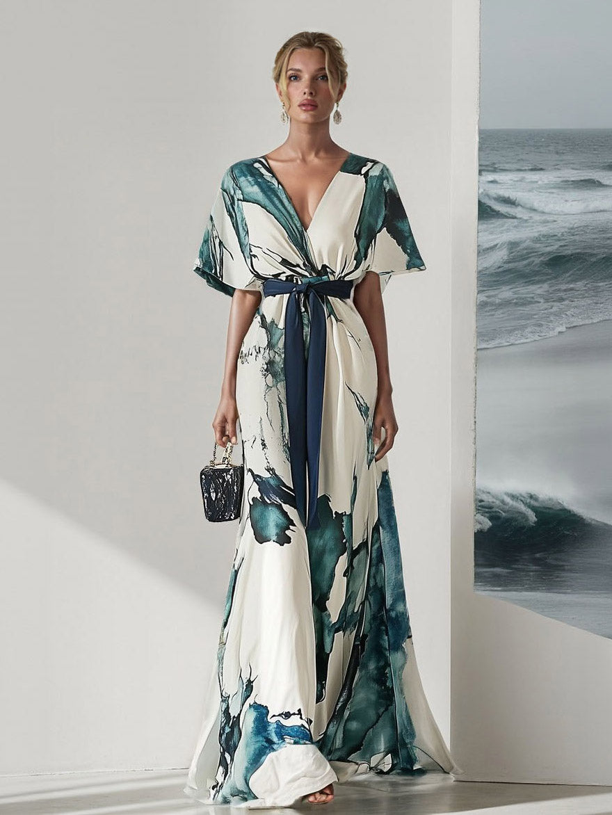 Elegant Watercolor Print V-Neck Flowing Maxi Dress