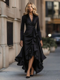 Elegant Satin Ruffle Wrap-style Maxi Dress