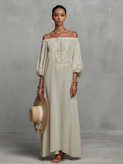 Bohemian Floral Embroidered Off-Shoulder Maxi Dress
