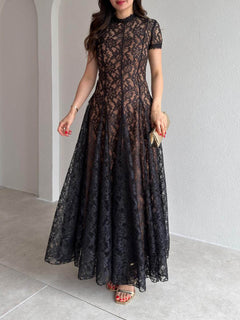 Elegant Sheer Tulle Floral Lace A-Line Maxi Dress