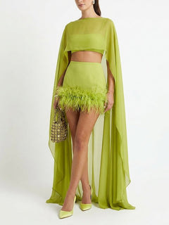 Elegant Chiffon Cape Crop Top & Feather-Trim Mini Skirt Two-Piece Set