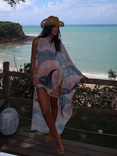 Exquisite Satin Printed Asymmetrical Batwing Loose Maxi Dress