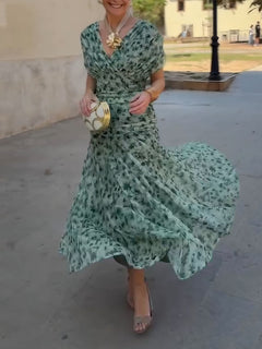 Elegant Watercolor Mesh Pleated Maxi Dress