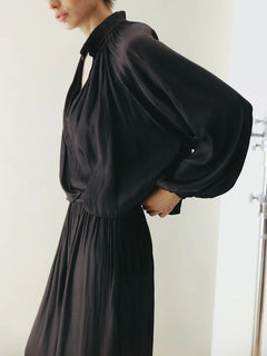 Elegant Satin Long Sleeve Top & Harem Pants Two-Piece Set